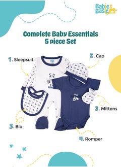 Babies Basic 5 Piece Unisex 100% Cotton Gift Set Include Bib, Romper, Mittens, Cap And Sleepsuit/Jumpsuit- Sleepy Panda  - Image 2