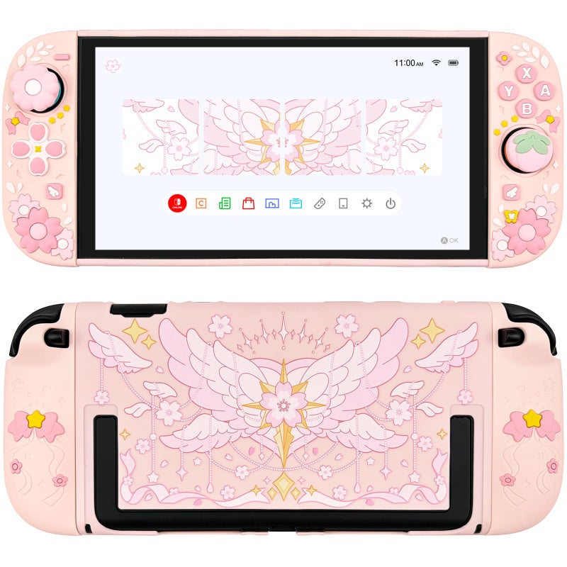 WSLUCKO Protective Case for Nintendo Switch 2, Hard Back Shell / 2 Silicone Anti-Slip Controller Covers / 2 Joystick Caps, Cherry Blossom Design Cover, Pink - Image 1