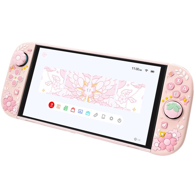 WSLUCKO Protective Case for Nintendo Switch 2, Hard Back Shell / 2 Silicone Anti-Slip Controller Covers / 2 Joystick Caps, Cherry Blossom Design Cover, Pink - Image 4
