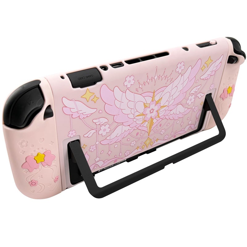 WSLUCKO Protective Case for Nintendo Switch 2, Hard Back Shell / 2 Silicone Anti-Slip Controller Covers / 2 Joystick Caps, Cherry Blossom Design Cover, Pink - Image 3