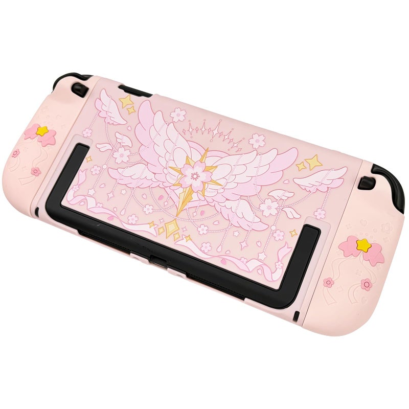 WSLUCKO Protective Case for Nintendo Switch 2, Hard Back Shell / 2 Silicone Anti-Slip Controller Covers / 2 Joystick Caps, Cherry Blossom Design Cover, Pink - Image 5