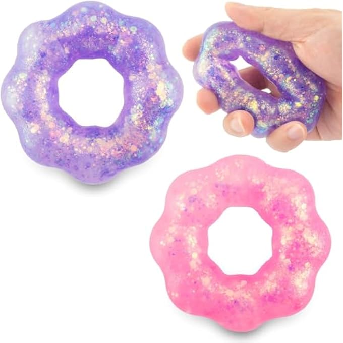 MAKINGTEC Wearable Stress Relief Toys, 2 Pack Donut Squishy Stress Relief Toys, Crystal Glitter Bracelet Soft Fidget Toys, Kids Party Favors, Classroom Rewards, Goody Bag Stuffers, for All People of All Ages - Image 1