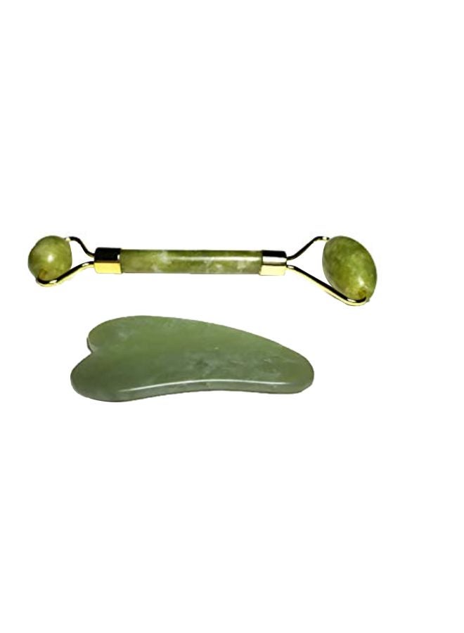 Loquat Facial Jade Roller With Gua Sha Board Green/Gold - Image 1