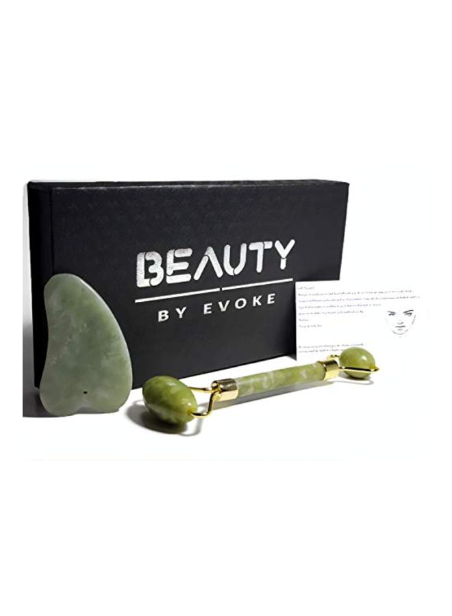 Loquat Facial Jade Roller With Gua Sha Board Green/Gold - Image 2