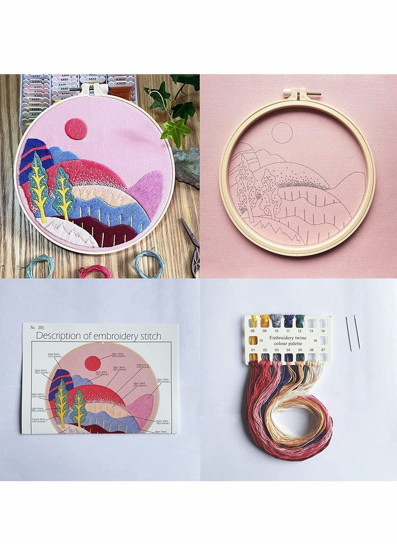 Y&D - 3 Pack Embroidery kit, Pink Cloth, Pattern of Mountains, Starter Also Includes Hoop, Needle, Thread and Instructions for Adults Kids Beginners (Pink) - Image 1