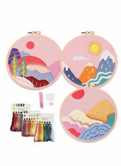 Y&D 3 Pack Embroidery kit, Pink Cloth, Pattern of Mountains, Starter Also Includes Hoop, Needle, Thread and Instructions for Adults Kids Beginners (Pink)  - Image 1