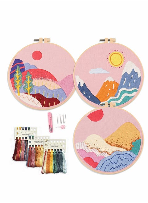 3 Pack Embroidery kit, Pink Cloth, Pattern of Mountains, Starter Also Includes Hoop, Needle, Thread and Instructions for Adults Kids Beginners (Pink)