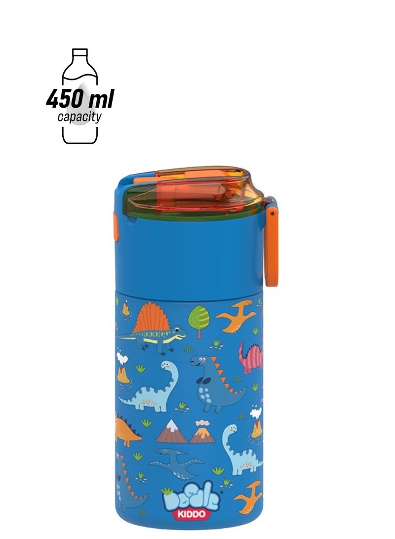Doodle Kiddo Dinosaur Stainless Steel Insulated Water Bottle 450ml - Leak-Proof, Drop-Resistant, Push Button, Carry Handle - Ideal for Back to School - Image 1
