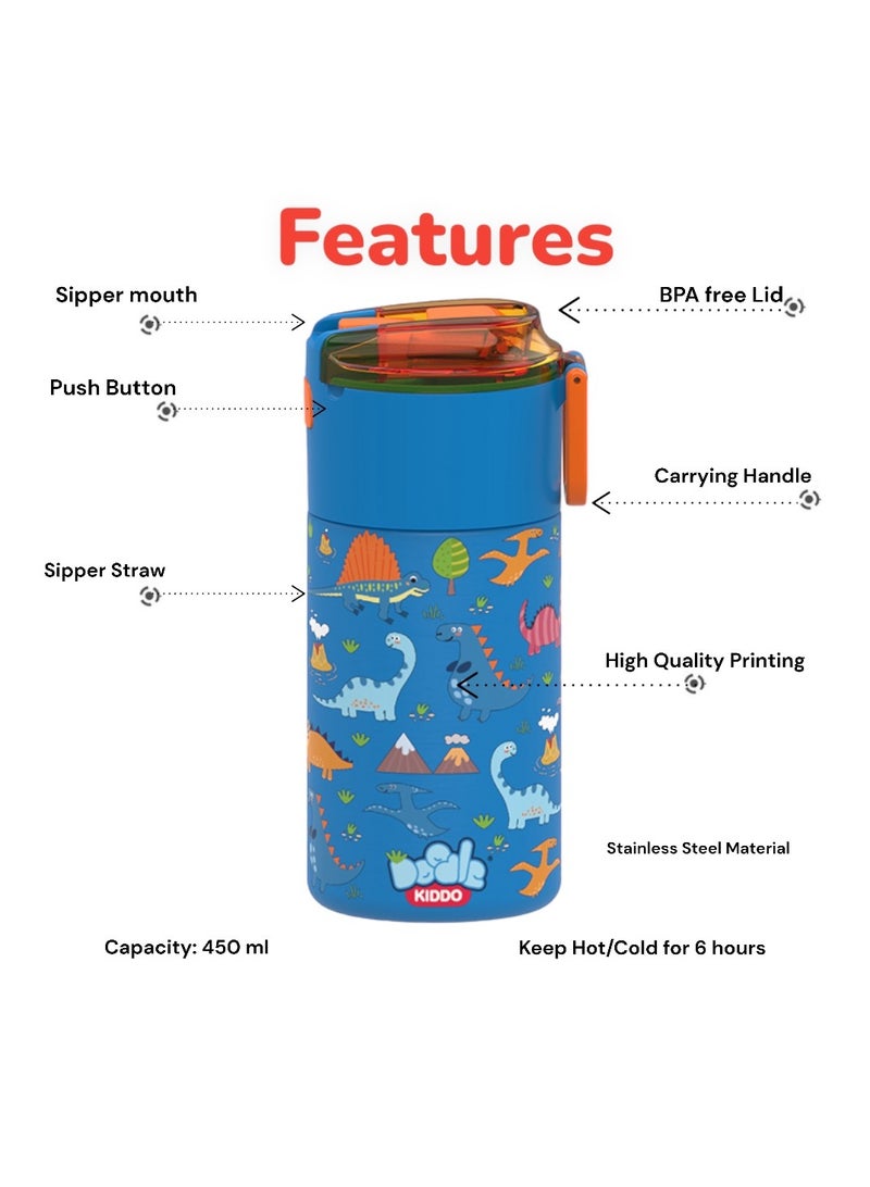 Doodle Kiddo Dinosaur Stainless Steel Insulated Water Bottle 450ml - Leak-Proof, Drop-Resistant, Push Button, Carry Handle - Ideal for Back to School - Image 2