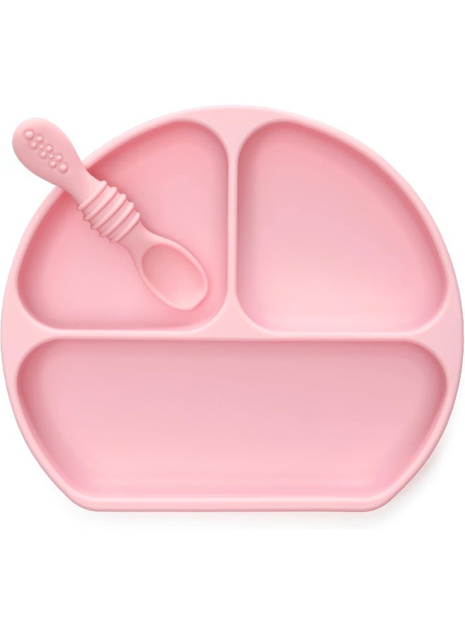 PrimaStella Unbreakable Silicone Non-Slip Baby & Toddler Plate and Spoon Feeding Set - Pink - Image 1