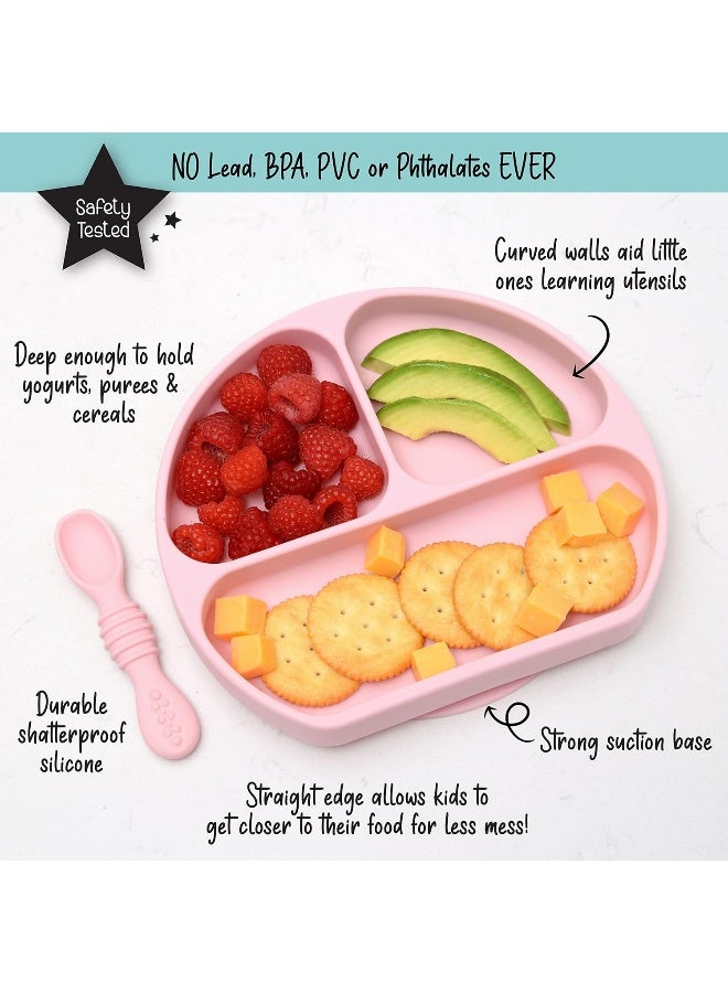 PrimaStella Unbreakable Silicone Non-Slip Baby & Toddler Plate and Spoon Feeding Set - Pink - Image 2