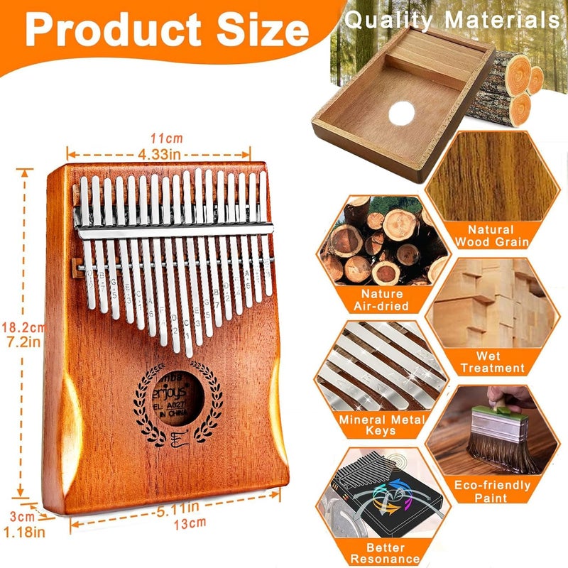 Everjoys Kalimba Thumb Piano 17 Keys, Professional Musical Instrument Finger Piano Marimbas with Portable Soft Cloth Bag, Fast to Learn Songbook, Tuning Hammer, All in One Kit - Image 5