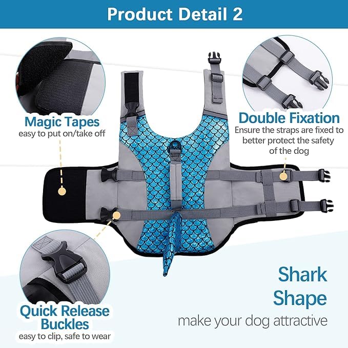 Olpad Life Jacket for Dogs, Dog Life Jacket, Adjustable Safety Jacket for Dog Flotation, Shark Safety Vest, Lifesaver Swimming Training, Summer Swimwear for Dogs [Blue -S] - Image 2
