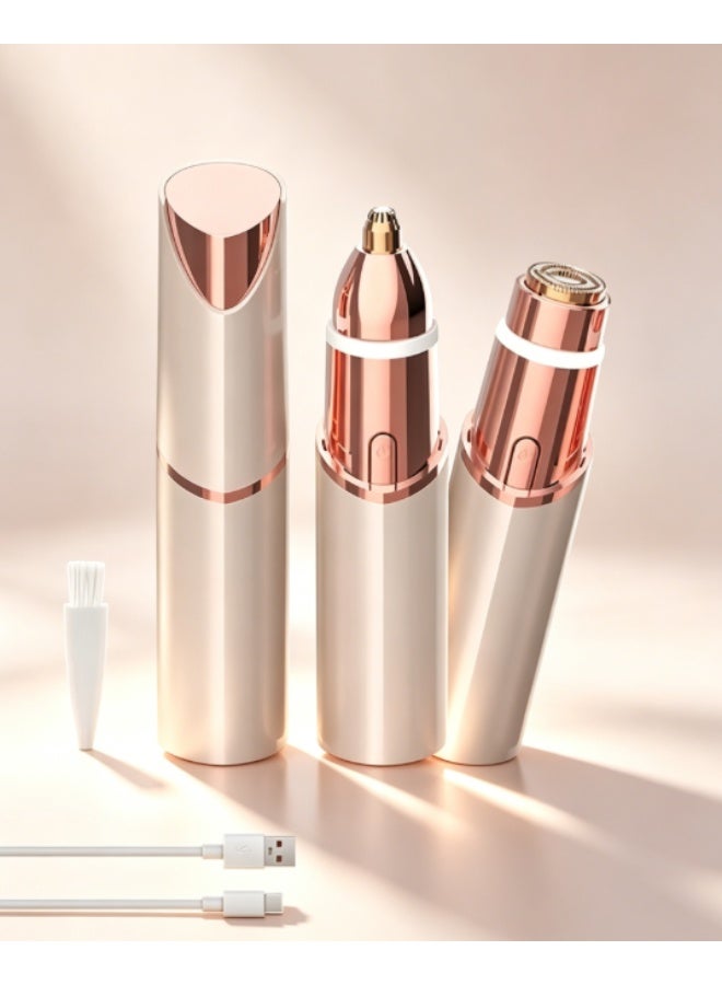 2 in 1 Electric Eyebrow Trimmer Facial Hair Remover for Women, Portable Rechargeable Painless Hair Razor, for Face Peach Fuzz Lips Chin Armpit Body (Gold) - Image 1