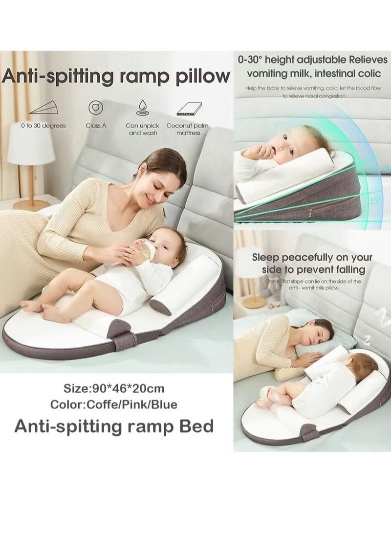 Anti Reflux Pillow, 0-30° Height Adjustable Relieves Vomiting Milk, Intestinal Colic, Side Rails (Brown)