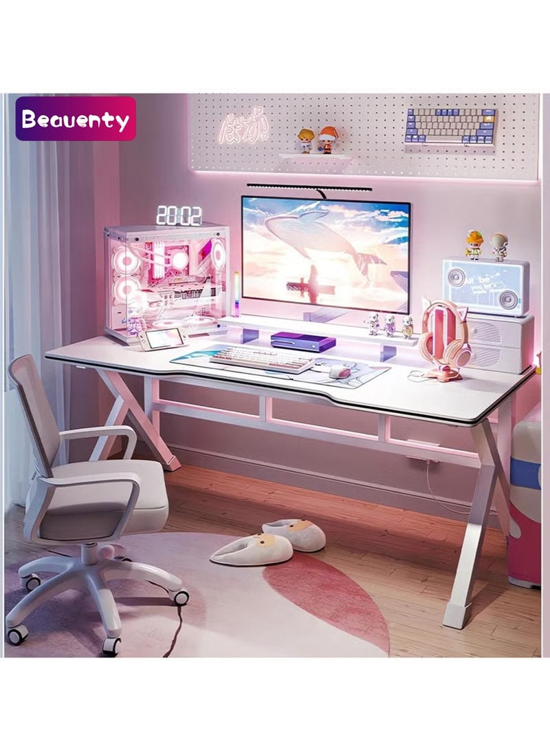 Beauenty Ergonomic Large Gaming Desk, Computer Desk, K-Shaped Gaming Table, PC Game Workstation Home Office Desks, Space-saving (1, New White, 140x60x74cm) - Image 1