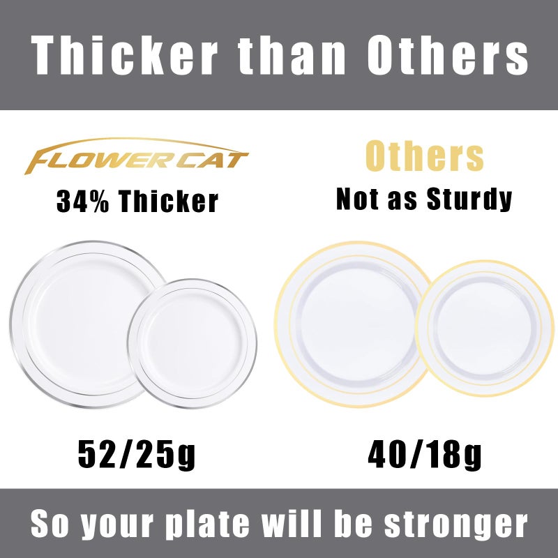 FLOWERCAT 60PCS Silver Plastic Plates - Heavy Duty White and Silver Plastic Plates Disposable - Include 30PCS 10.25inch Dinner Plates and 30PCS 7.5inch Dessert Plates for Wedding&New Year - Image 2