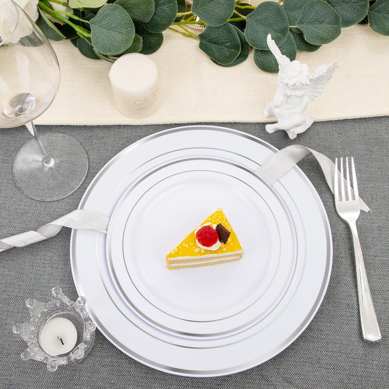 FLOWERCAT 60PCS Silver Plastic Plates - Heavy Duty White and Silver Plastic Plates Disposable - Include 30PCS 10.25inch Dinner Plates and 30PCS 7.5inch Dessert Plates for Wedding&New Year - Image 4