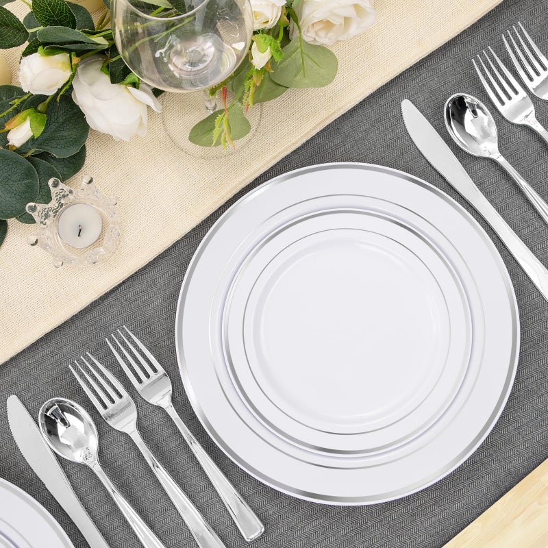 FLOWERCAT 60PCS Silver Plastic Plates - Heavy Duty White and Silver Plastic Plates Disposable - Include 30PCS 10.25inch Dinner Plates and 30PCS 7.5inch Dessert Plates for Wedding&New Year - Image 5