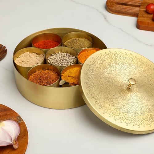 dudki Handicrafted Pure Brass Spice Box Masala Dabba Masaladani Spice Box Organizer For Kitchen Masala Dani With 7 Containers And A Small Spoon (Mandala),Gold - Image 4