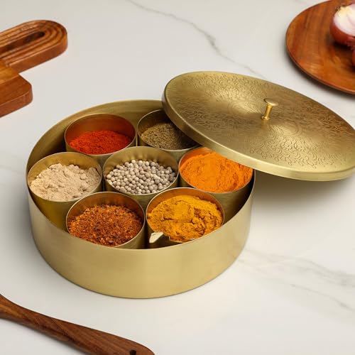 dudki Handicrafted Pure Brass Spice Box Masala Dabba Masaladani Spice Box Organizer For Kitchen Masala Dani With 7 Containers And A Small Spoon (Mandala),Gold - Image 1