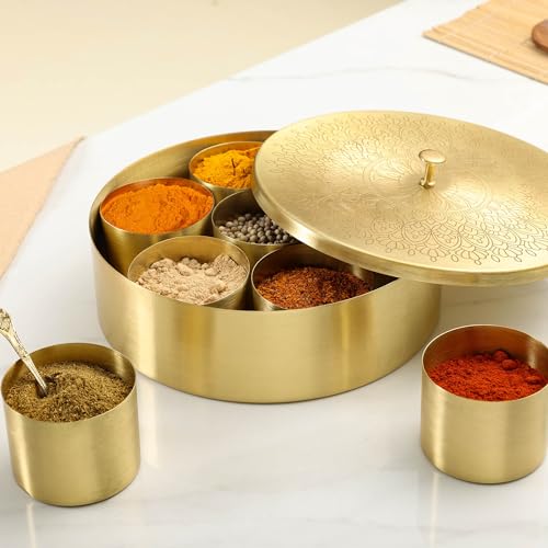 dudki Handicrafted Pure Brass Spice Box Masala Dabba Masaladani Spice Box Organizer For Kitchen Masala Dani With 7 Containers And A Small Spoon (Mandala),Gold - Image 5