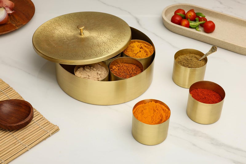 dudki Handicrafted Pure Brass Spice Box Masala Dabba Masaladani Spice Box Organizer For Kitchen Masala Dani With 7 Containers And A Small Spoon (Mandala),Gold - Image 3