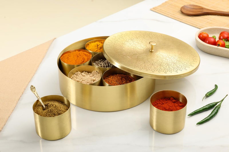 dudki Handicrafted Pure Brass Spice Box Masala Dabba Masaladani Spice Box Organizer For Kitchen Masala Dani With 7 Containers And A Small Spoon (Mandala),Gold - Image 2