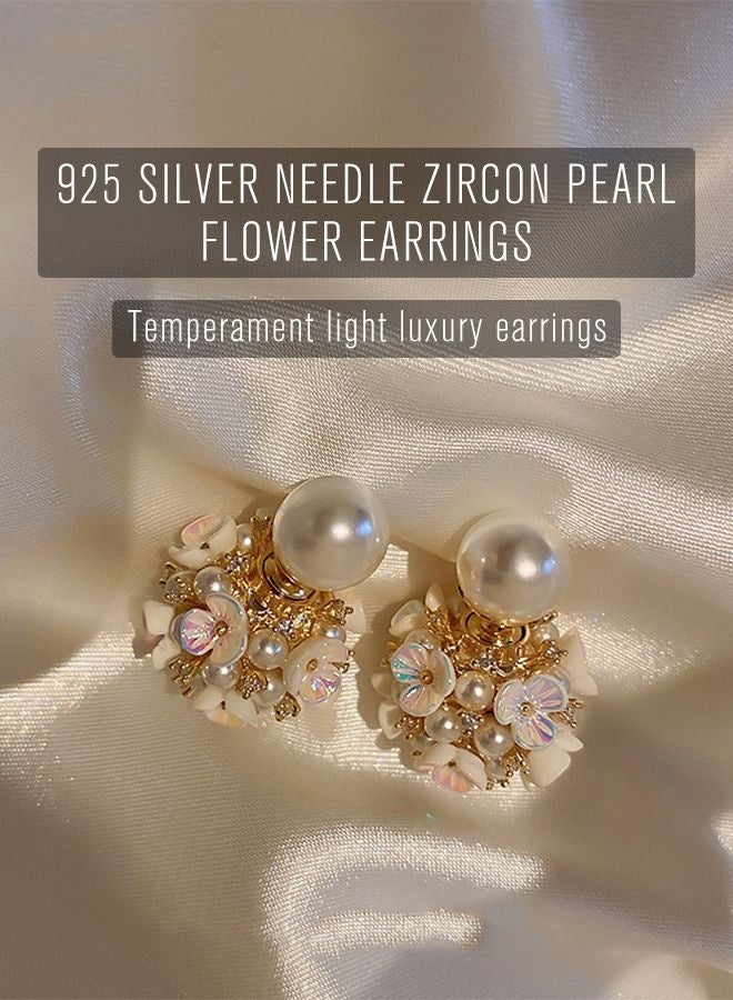 GIFT Earrings Silver Needle Zircon Pearl Flower French Retro Shell Spherical Stud Earrings Super Fairy Temperament Versatile Earrings - Image 2
