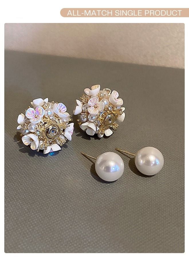 GIFT Earrings Silver Needle Zircon Pearl Flower French Retro Shell Spherical Stud Earrings Super Fairy Temperament Versatile Earrings - Image 5