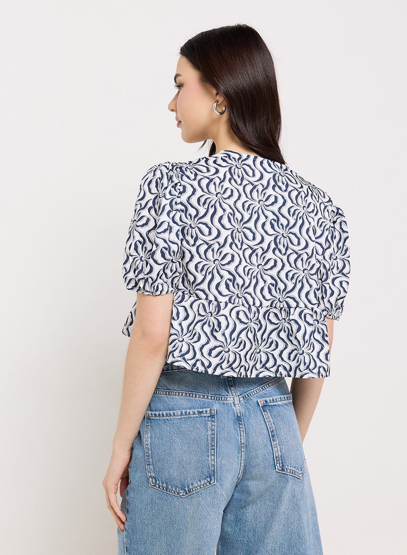Ginger Puff Sleeve Printed Tie Up Peplum Blouse - Image 2