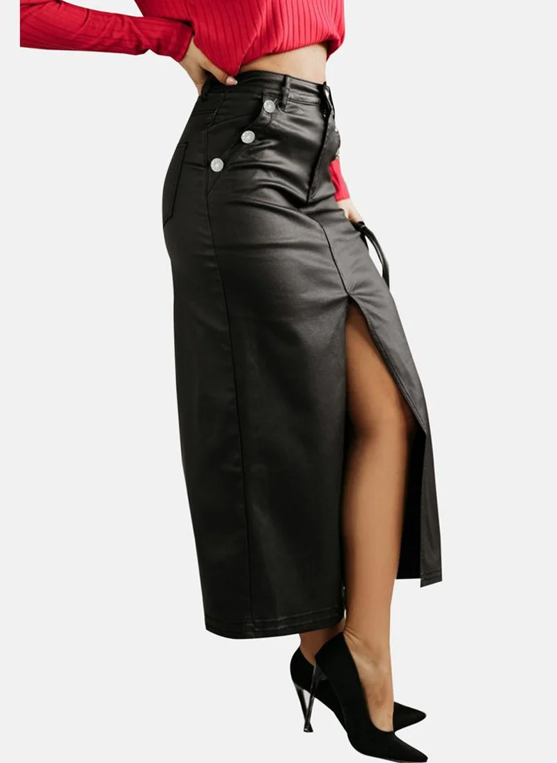 YUNIQEE Front Slit Black Midi Skirt
