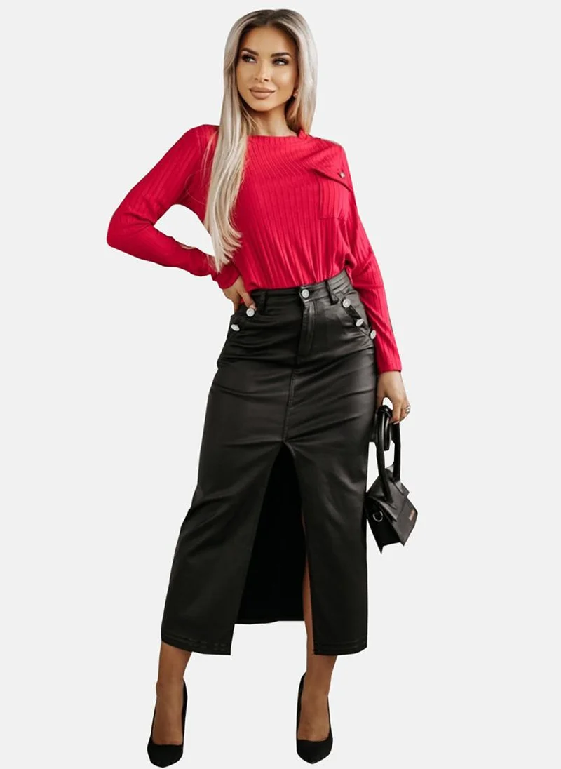 YUNIQEE Front Slit Black Midi Skirt