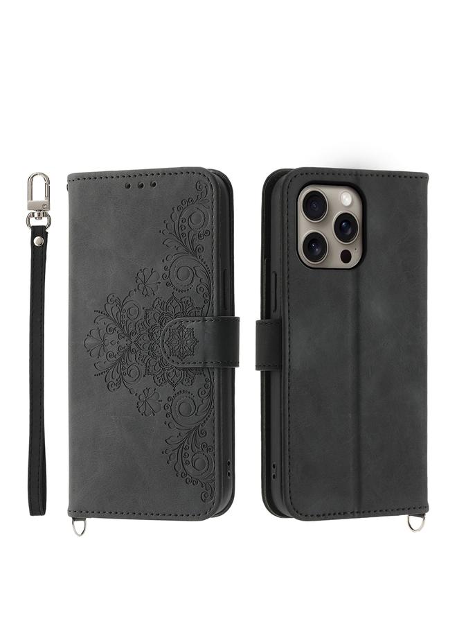 اس-توب جراب لهاتف iPhone 16 Pro Max مصنوع من الجلد ومزين بنقشة زهور - Image 1