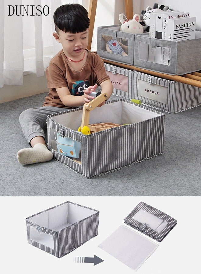 DUNISO 2 Pcs Non Woven Fabric Storage Box, Fabric Cotton And Linen Drawer Style Foldable Wardrobe Clothes Storage Box, Suitable For Home Drawers And Bedroom Organization (Deep Grey Vertical Stripes) - Image 2