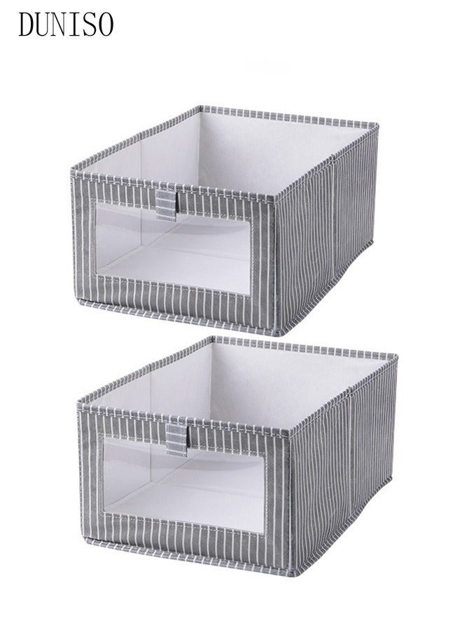 DUNISO 2 Pcs Non Woven Fabric Storage Box, Fabric Cotton And Linen Drawer Style Foldable Wardrobe Clothes Storage Box, Suitable For Home Drawers And Bedroom Organization (Deep Grey Vertical Stripes) - Image 3