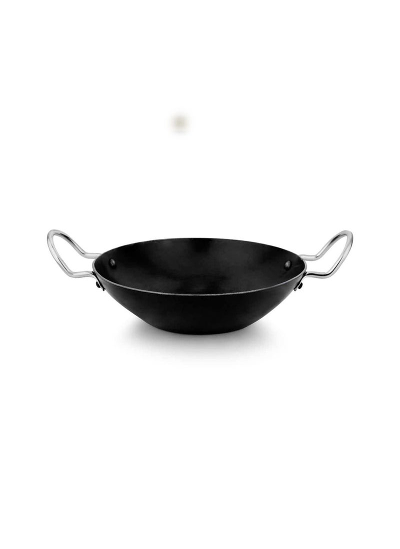 Incrizma Incrizma Iron Heavy Quality Flat Bottom/Deep Kadhai with S.Steel Handle for Cooking/Deep Frying, Roasting Daily Use Home, Kitchen (24 cm) 