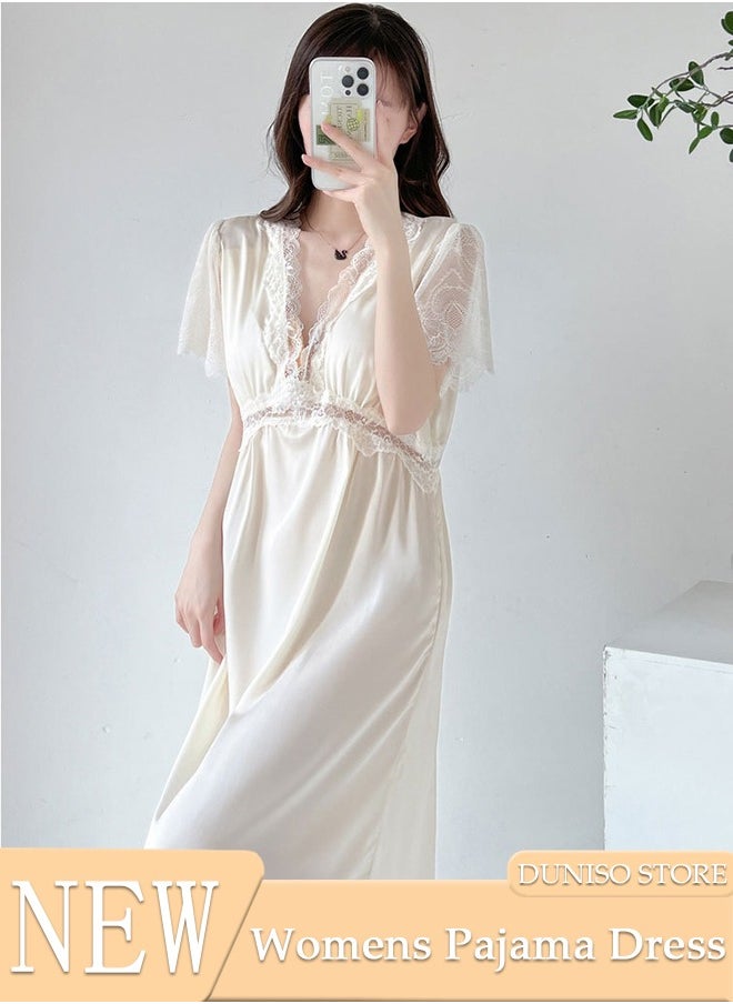 DUNISO Women's Short Sleeve Nightgown Lace Pajama Dress Sleepwear Girls Comfortable V Neck Nightwear Summer Home Wear Lounge Dress  - Image 1