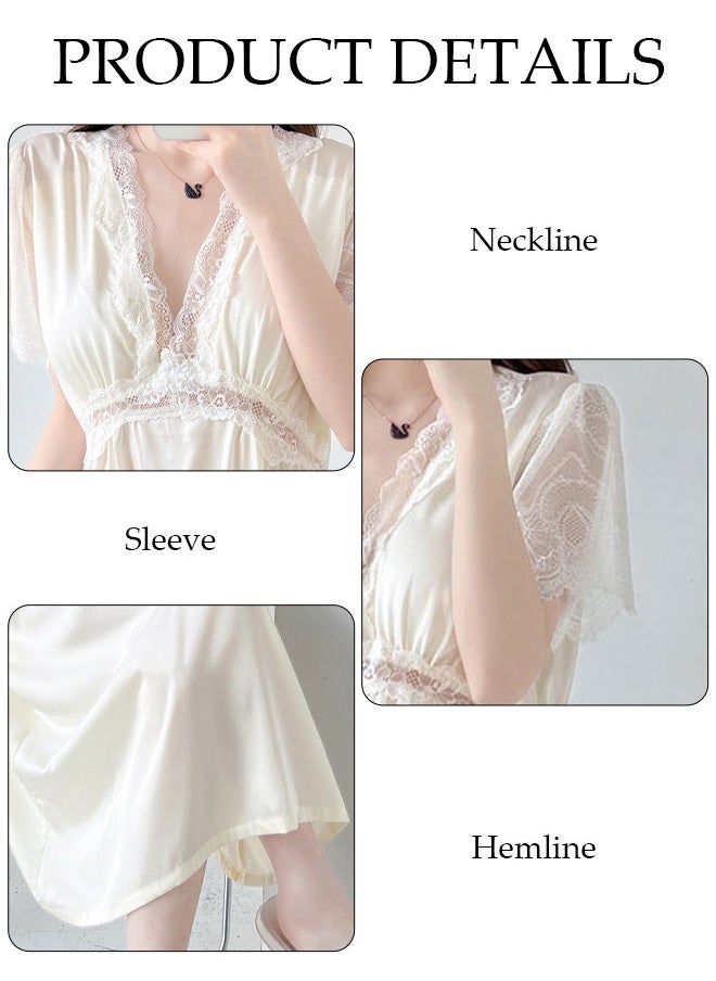 DUNISO Women's Short Sleeve Nightgown Lace Pajama Dress Sleepwear Girls Comfortable V Neck Nightwear Summer Home Wear Lounge Dress  - Image 3