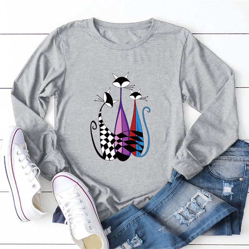 2020 Cross-border New Products Women's Meow Mi Printed Crewneck Loose Pullover Fresh Sweet Pullover Long Sleeve T-shirt - Image 5
