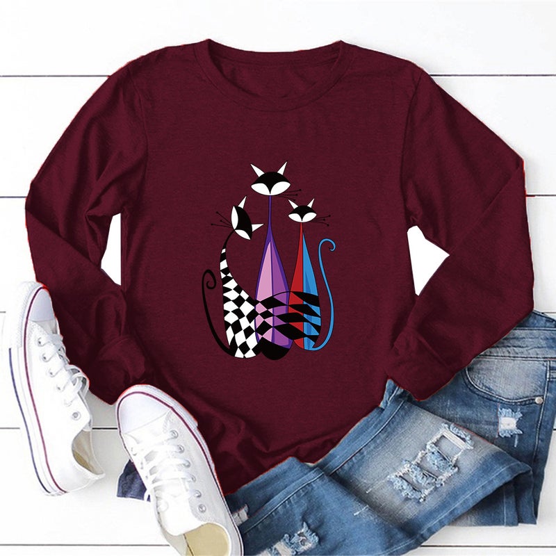 2020 Cross-border New Products Women's Meow Mi Printed Crewneck Loose Pullover Fresh Sweet Pullover Long Sleeve T-shirt - Image 1