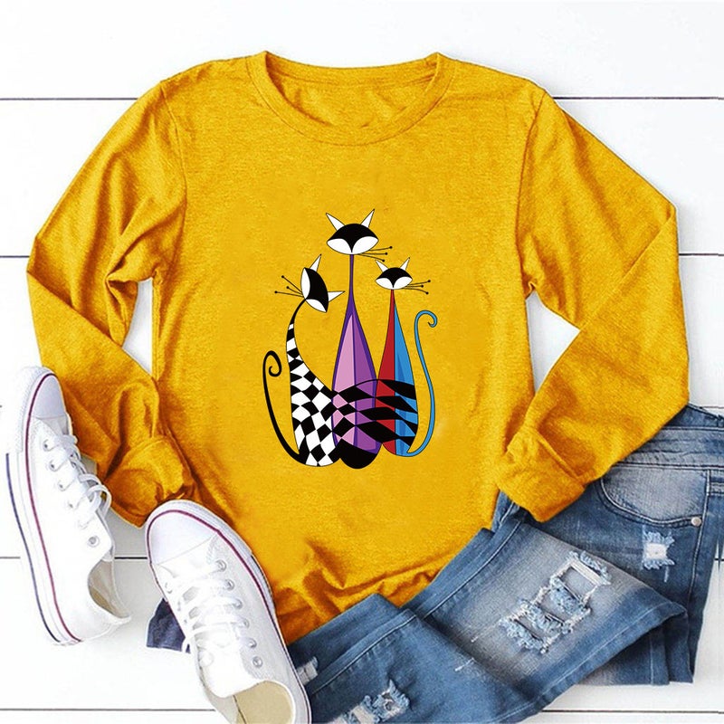 2020 Cross-border New Products Women's Meow Mi Printed Crewneck Loose Pullover Fresh Sweet Pullover Long Sleeve T-shirt - Image 4