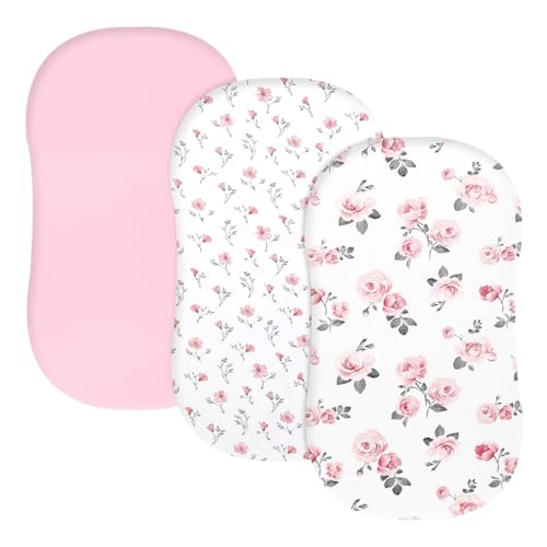 PHF 3 Pack Soft Bassinet Sheets, Rose Floral Breathable Comfy Cradle Sheets for Baby Girls, No Slip Universal Fit for Most Cradle and Bassinet Mattress, Rose Floral - Image 1