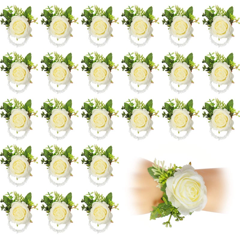 Sherr 24 Pcs 24 Pcs Wedding Rose Wrist Corsage Wristlet Band for Bridal Bridesmaid Women Flowers Bracelets Decor Wedding Artificial Flowers for Party Prom Homecoming White