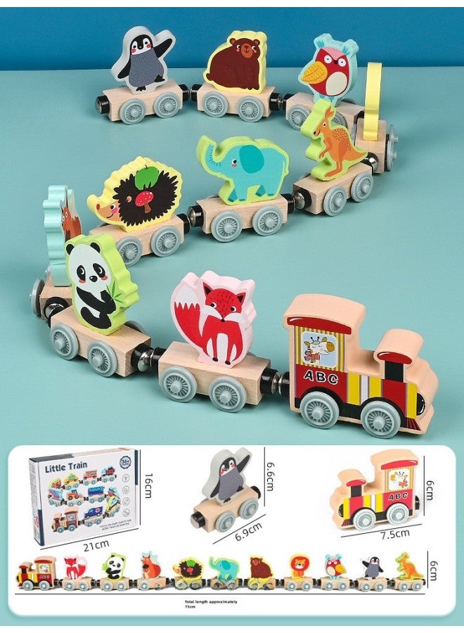 Children's Wooden Magnetic 12 Siamese Digital Train Toy 1-3 Years Old Kindergarten Baby Early Education Enlightenment-Color:Section 11 Animal Magnetic Train - Image 1