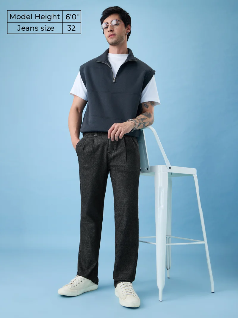 ذا سوليد ستور The Souled Store Essential Drop: Charcoal Grey Men and Boys Zip Fly Washed Cotton Spandex Straight Fit Lightweight Stretchable Everyday Pleated Front Denim Jeans