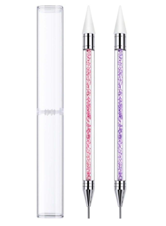 SOLASTA 2 Pieces Rhinestone Picker Dotting Pen, Dual-ended Rhinestone Gems Crystals Studs Picker Wax Pencil Pen Crystal Beads Handle Manicure Nail Art DIY Decoration Tool (Pink and Purple)  - Image 1