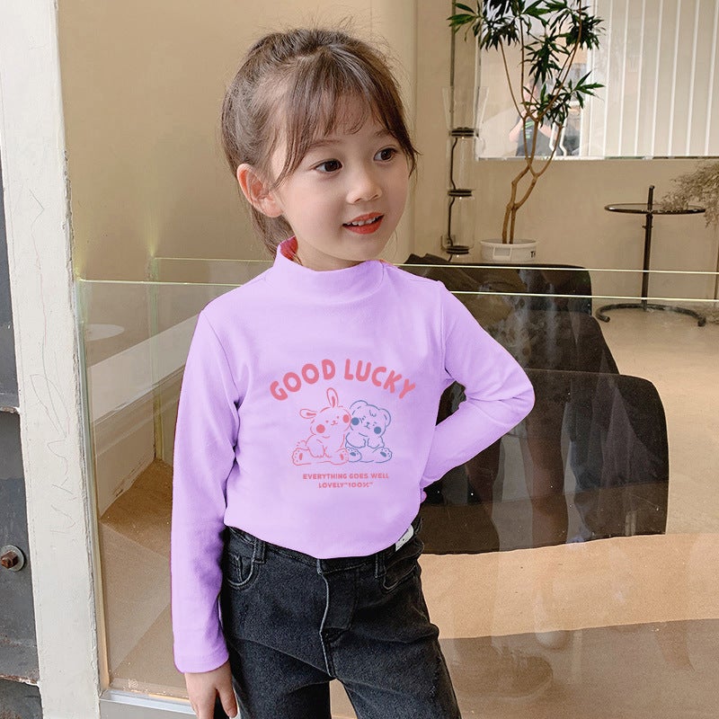 Children's Fleece Long Sleeve Base Shirt Spring and Autumn New Printed Western Style Casual T-shirt Baby Girl White Top T-shirt Trendy - Image 1