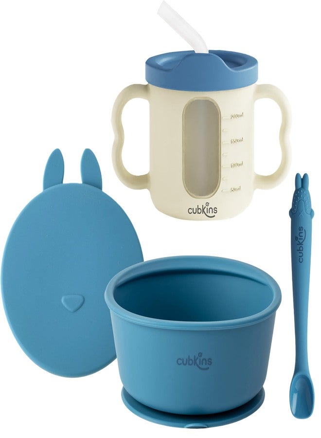 CUBKINS Silicone Suction Bowl with Lid, Sippy Cup with Straw & Bendable Training Spoon Set of 3 for Feeding Babies | BPA Free, Washable and Reusable Feeding Set for Kids, Toddlers (Blue Olive) - Image 1