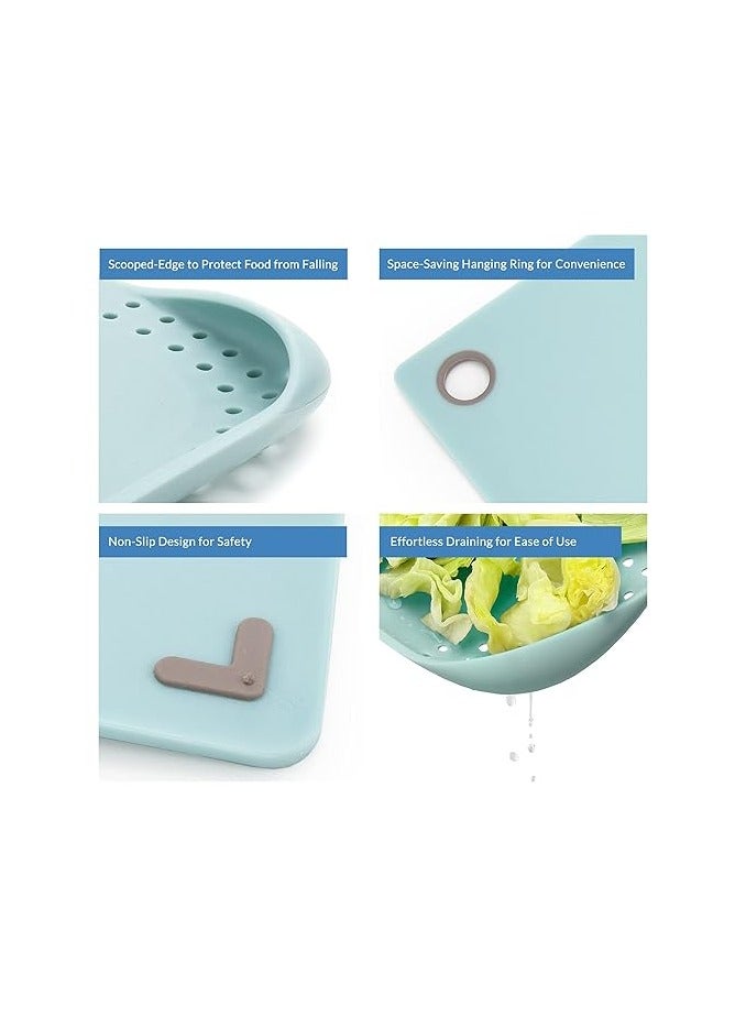 Flexible Cutting Board with Drainage Holes, Non-Slip Design, Mint Green, Space-Saving Hanging Ring, Cut&Drain - Image 4